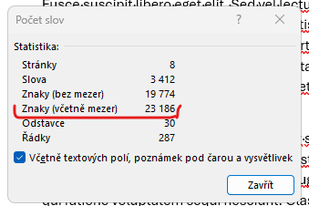 Dialogové okno počet znaků v MS Word